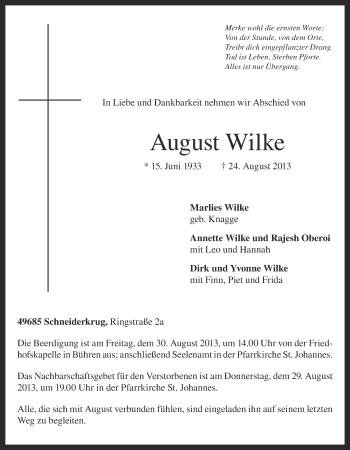 Anzeige von August Wilke von OM-Medien